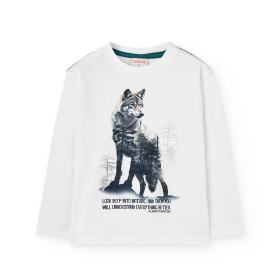 Chlapecké bílé tričko s motivem vlka a přírody BOBOLI