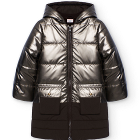 Dívčí zimní kabát s kapucí, metalickým povrchem a plyšovou podšívkou BOBOLI