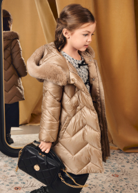 Dívčí béžový prošívaný kabát s kapucí a kožešinou ABEL & LULA