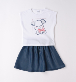 Dívčí letní set tričko s pejskem a džínová sukně IDO
