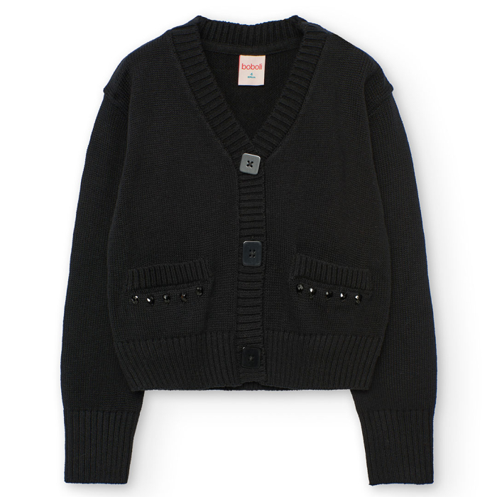 деталь Elegantní černý kardigan s ozdobnými kapsami BOBOLI