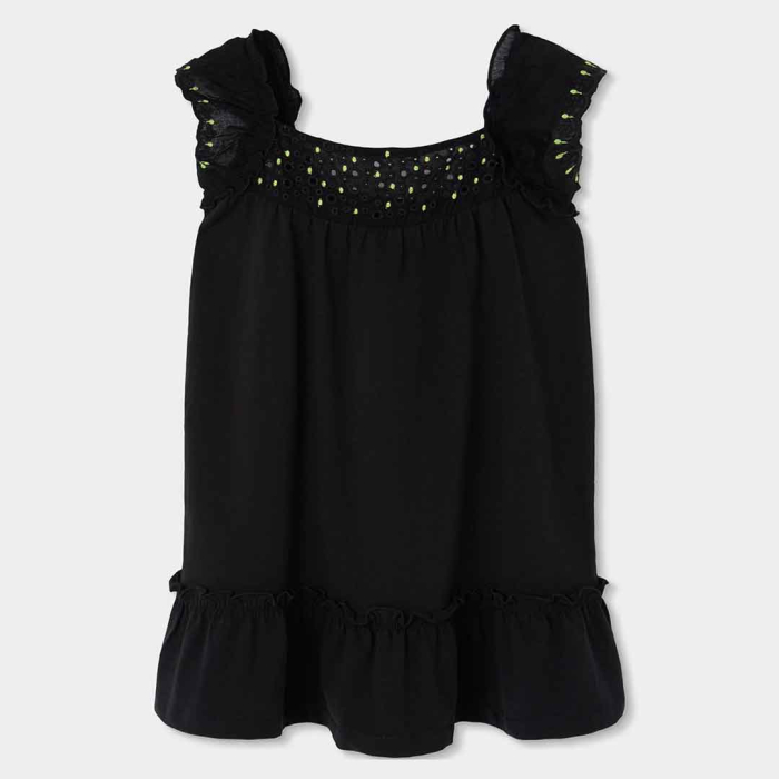 деталь Dívčí černé šaty s volány a výšivkou BOBOLI