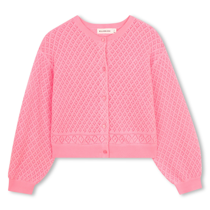 деталь Dívčí kardigan, pletený svetr, růžový, glitry, prolamovaný vzor BILLIEBLUSH