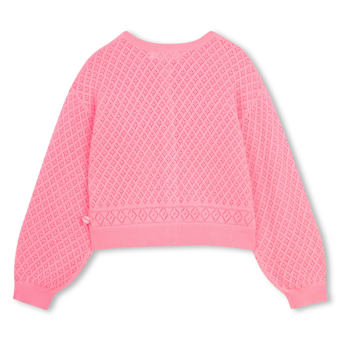 деталь Dívčí kardigan, pletený svetr, růžový, glitry, prolamovaný vzor BILLIEBLUSH