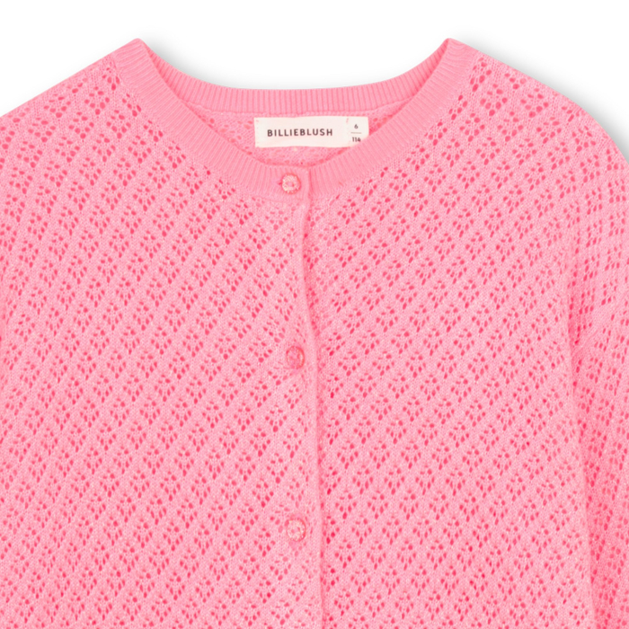 деталь Dívčí kardigan, pletený svetr, růžový, glitry, prolamovaný vzor BILLIEBLUSH