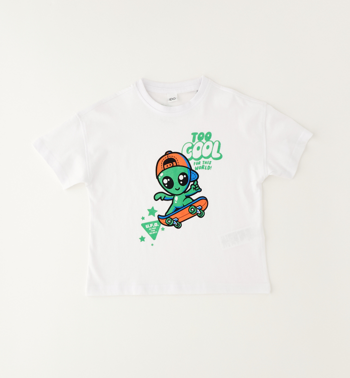 деталь Chlapecké bílé tričko s motivem mimozemšťana Too Cool IDO