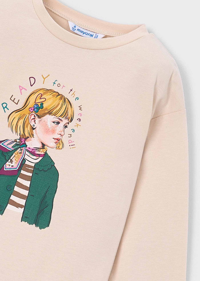 деталь Dívčí béžové tričko s ilustrací dívky a šátkem MAYORAL